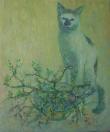 油画《花盆后的猫》